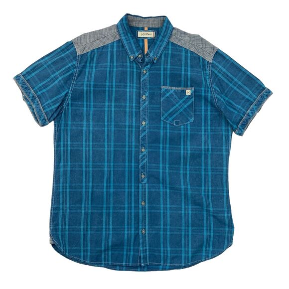 Departwest Shirt Mens XL Blue Plaid Short Sleeve Cotton Button Down Curved Hem - Picture 1 of 15